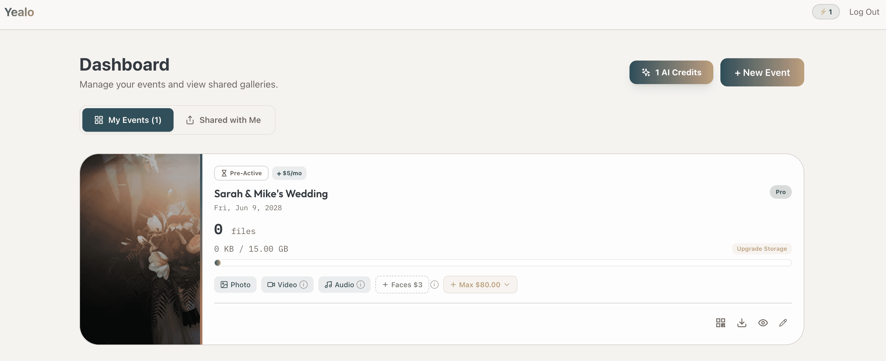 Yealo event dashboard showing photo grid, QR code, shareable link, and management tools