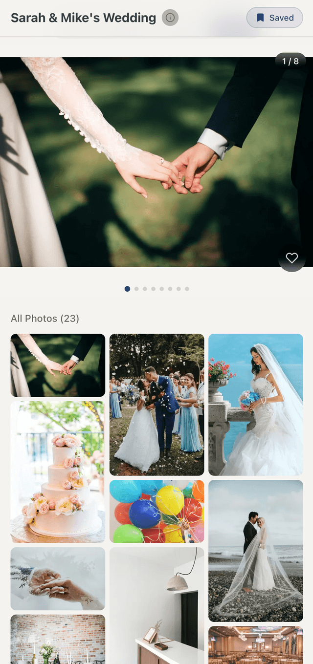 Yealo photo gallery on a mobile device showing a grid of event photos