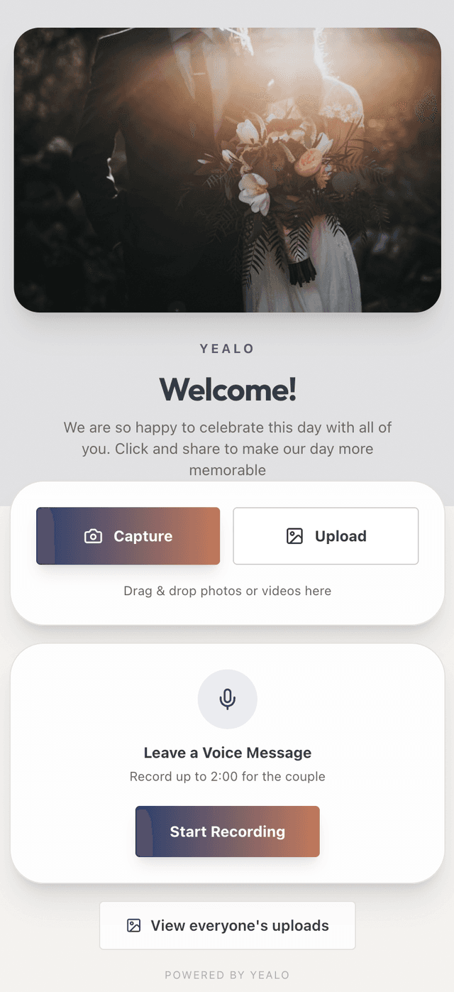 Guest upload page on a phone showing the event cover, welcome message, and upload button