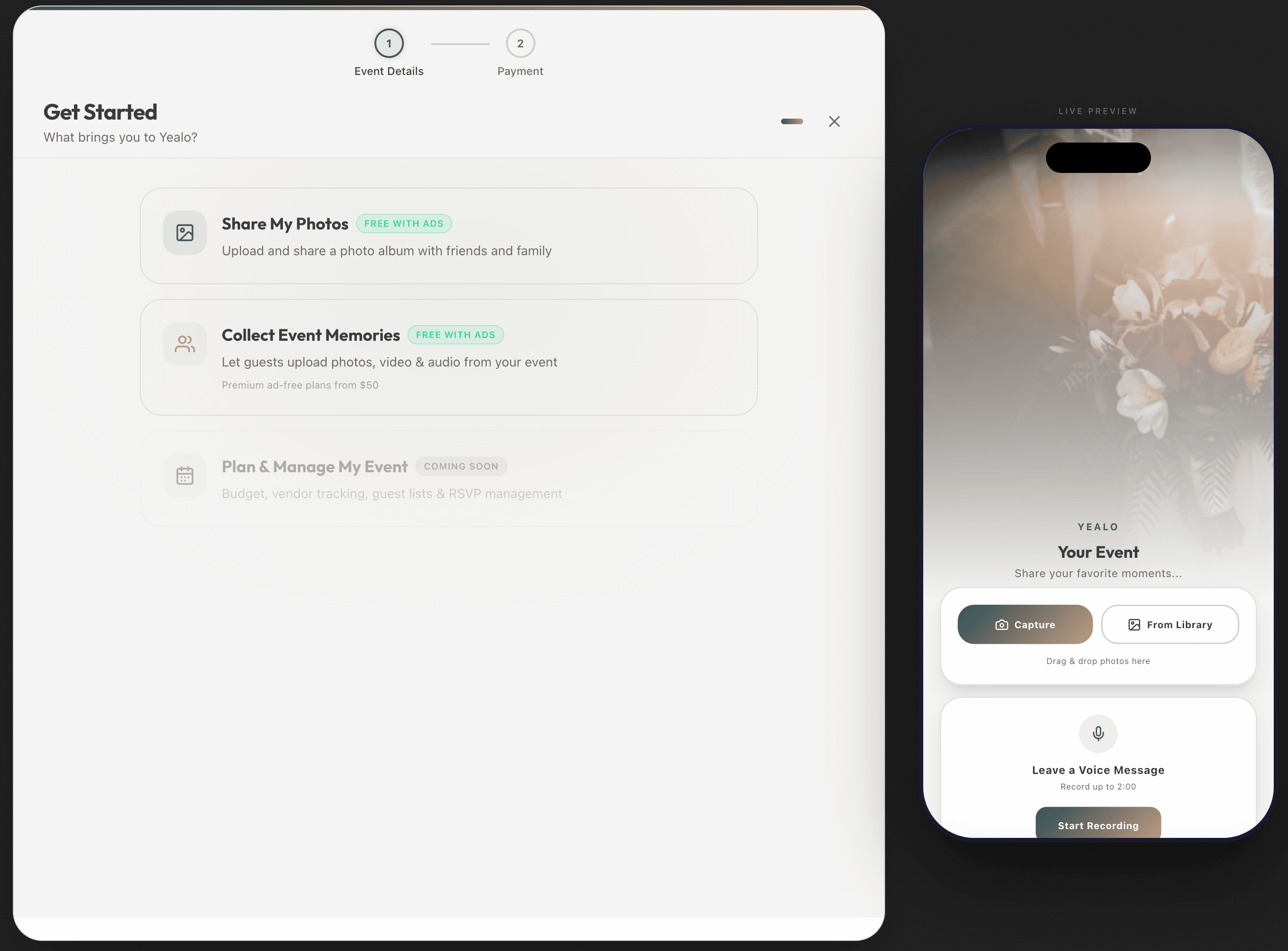 Yealo create event screen showing Share an Album and Plan an Event options