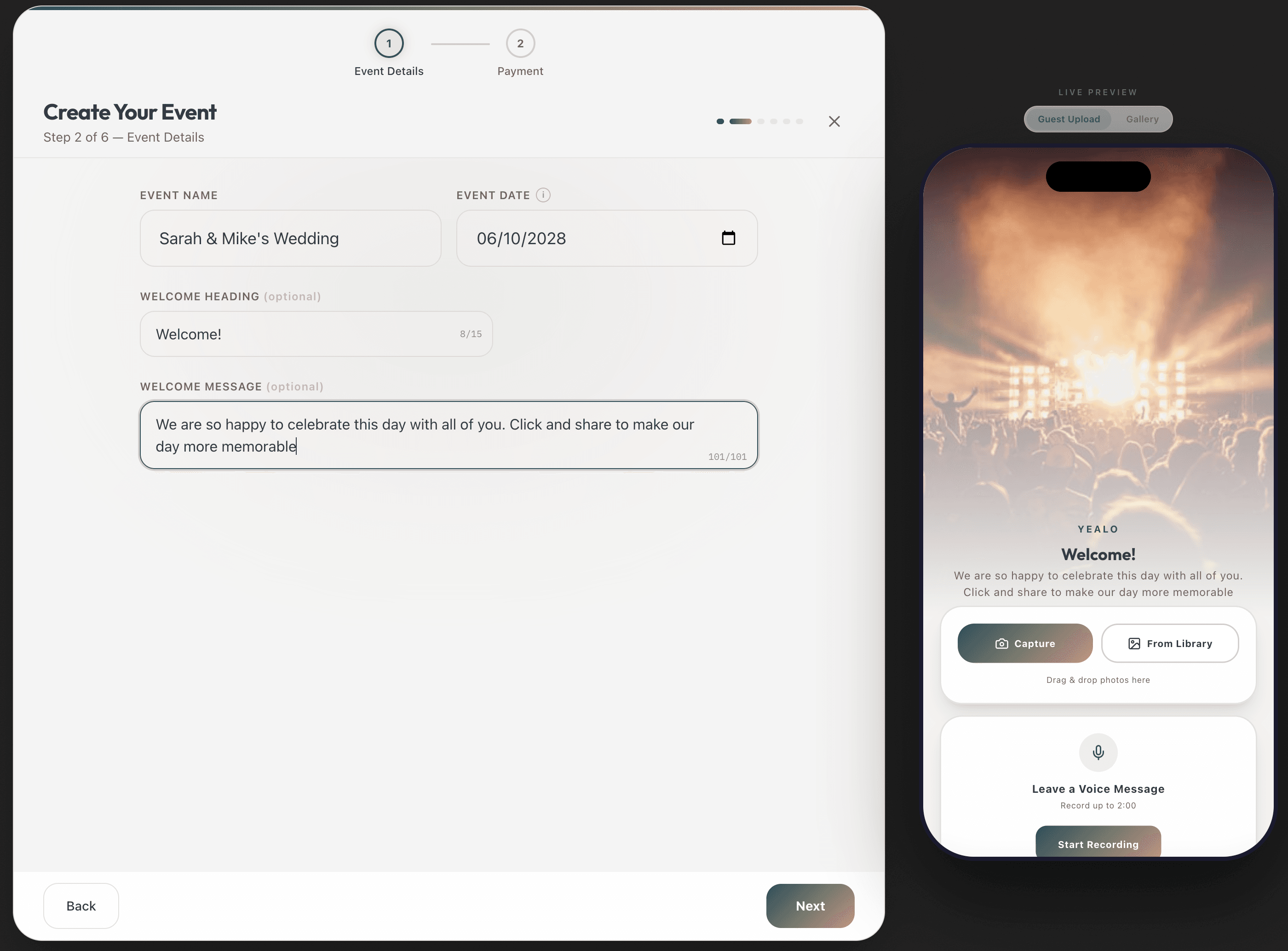 Yealo event details form with name, date, welcome heading and message fields, and a live phone preview showing the guest upload experience
