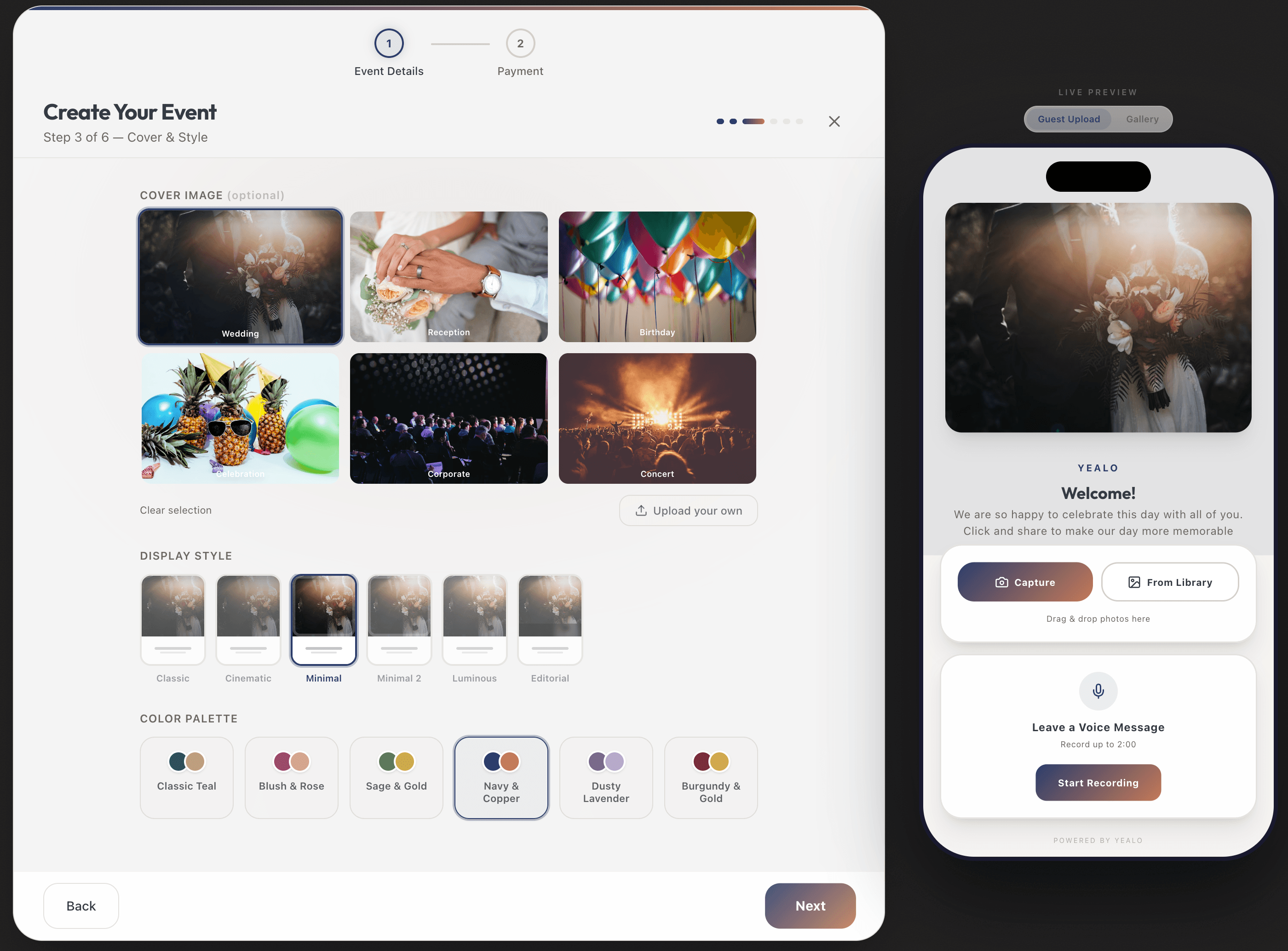 Yealo cover image selection with preset images, color palette picker, hero style options, and live phone preview reflecting the chosen theme