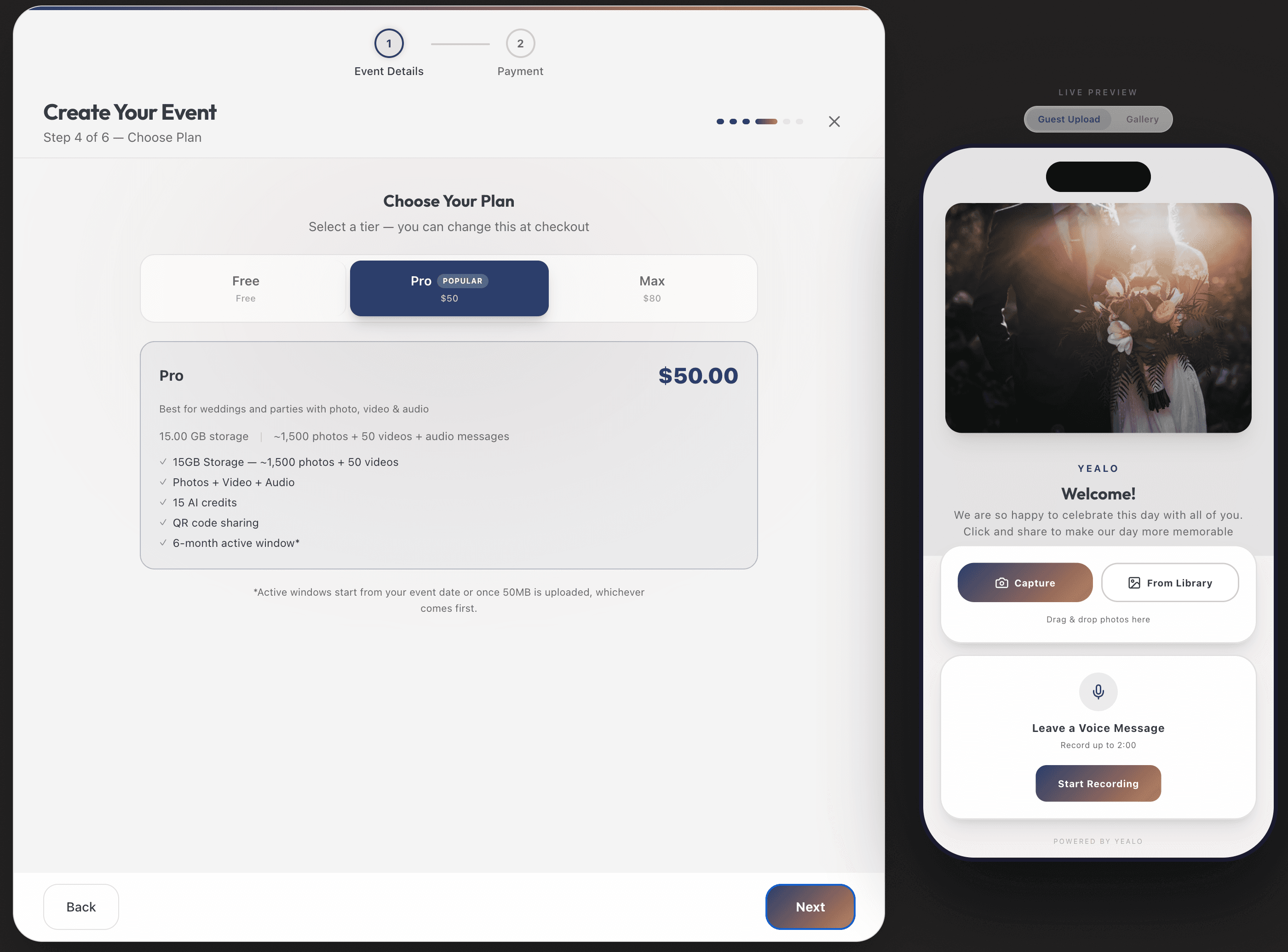 Yealo plan selection showing Free, Medium, and Max tiers with pricing and feature comparison