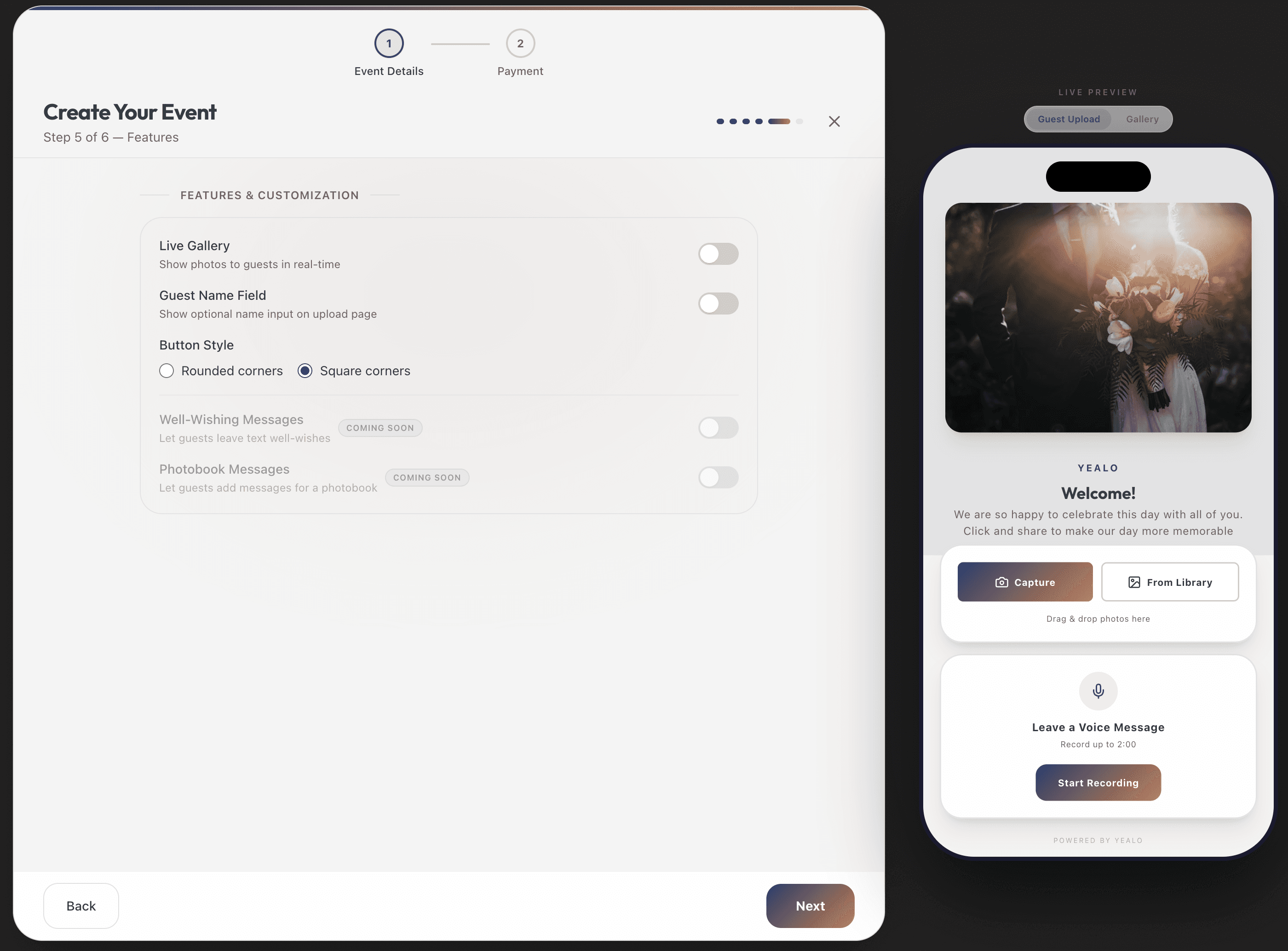 Yealo features step showing guest settings, button style options, and available add-ons
