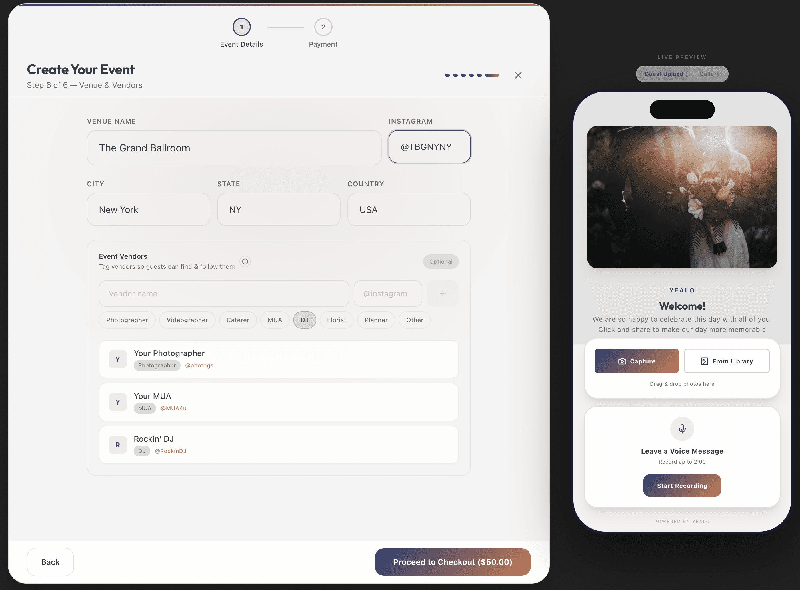 Yealo venue and vendor intake form with venue details and a list of added vendors